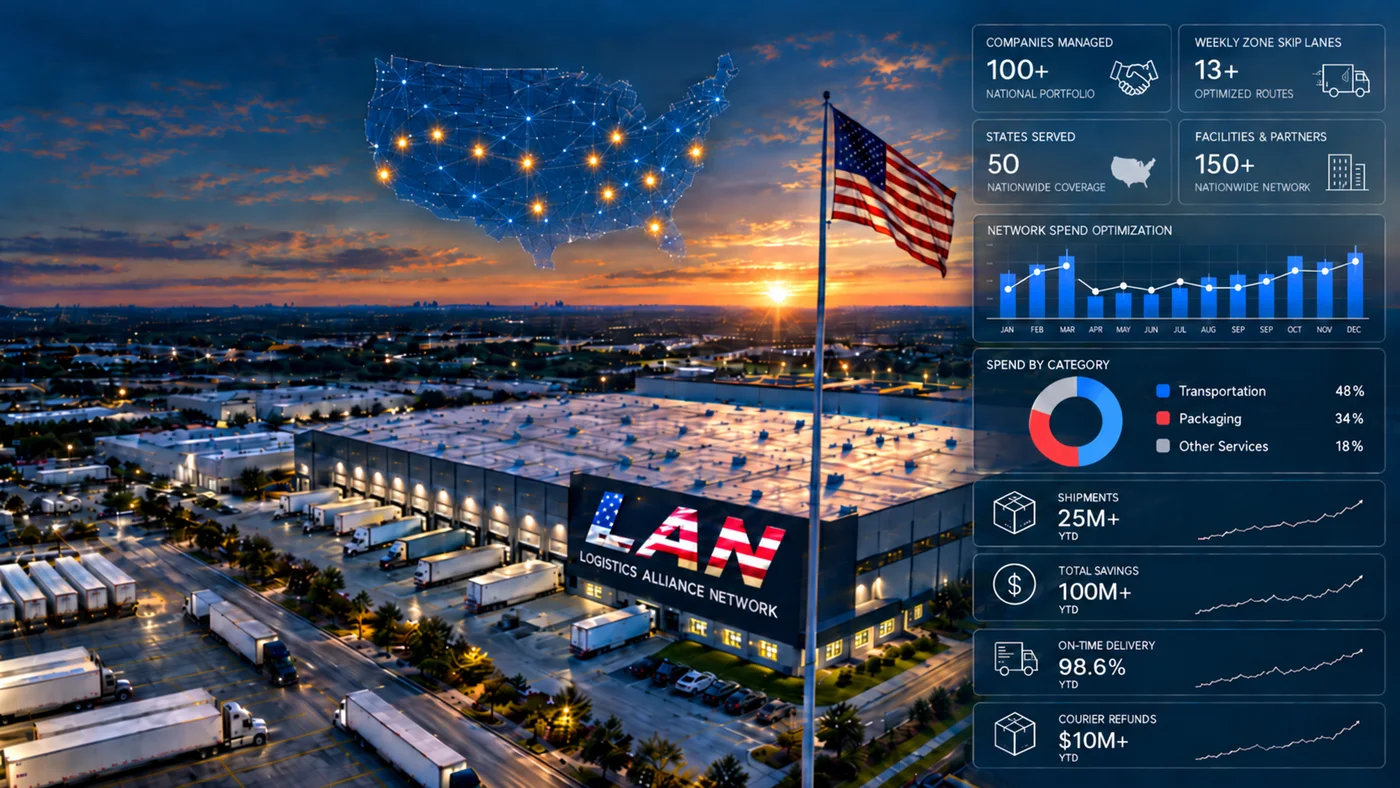 A LAN distribution facility at dusk with real-time network visibility overlaid: national coverage, spend optimization and year-to-date shipment, savings and on-time figures.